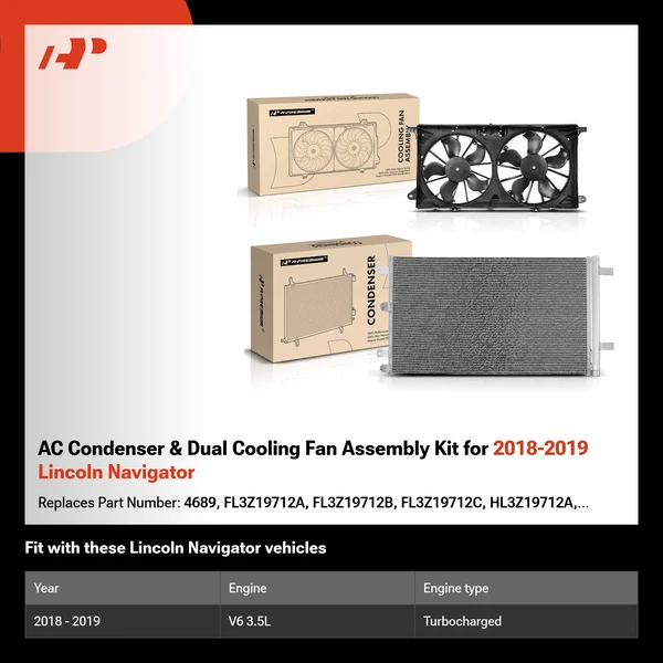 AC Condenser & Dual Cooling Fan Assembly Kit for 2018-2019 Lincoln Navigator