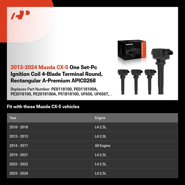 2013-2024 Mazda CX-5 One Set-Pc Ignition Coil 4-Blade Terminal Round, Rectangular A-Premium APIC0268