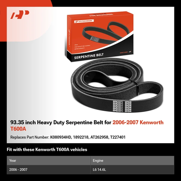 93.35 inch Heavy Duty Serpentine Belt for 2006-2007 Kenworth T600A