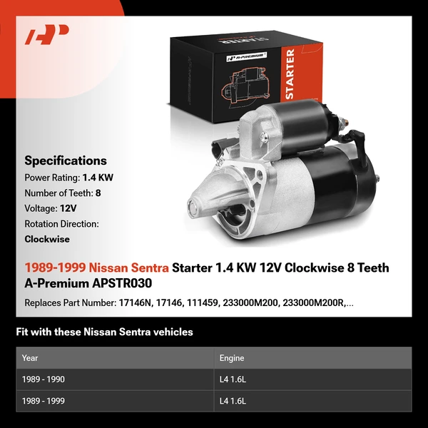 1989-1999 Nissan Sentra Starter 1.4 KW 12V Clockwise 8 Teeth A-Premium APSTR030
