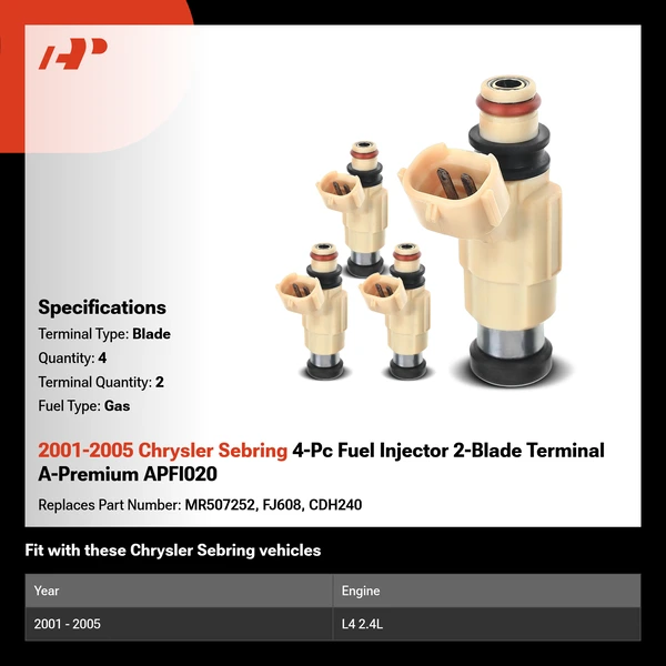 2001-2005 Chrysler Sebring 4-Pc Fuel Injector 2-Blade Terminal A-Premium APFI020