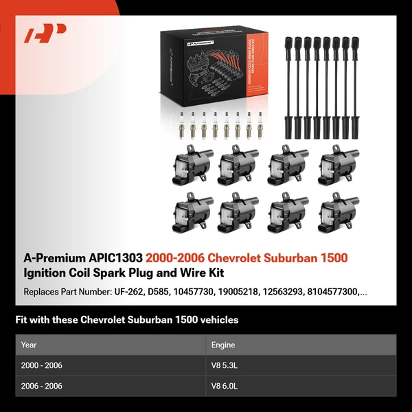 A-Premium APIC1303 2000-2006 Chevrolet Suburban 1500 Ignition Coil Spark Plug and Wire Kit