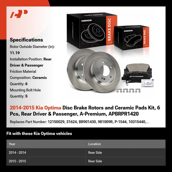2014-2015 Kia Optima Disc Brake Rotors and Ceramic Pads Kit, 6 Pcs, Rear Driver & Passenger, A-Premium, APBRPR1420
