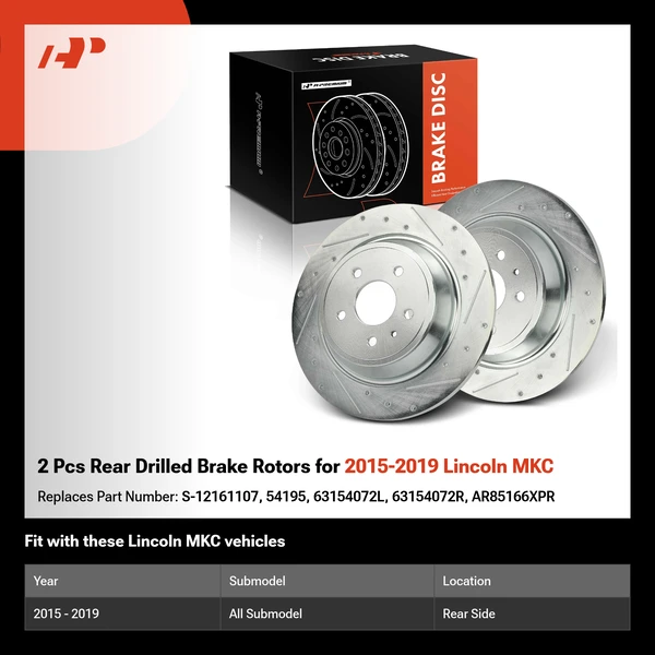 2 Pcs Rear Drilled Brake Rotors for 2015-2019 Lincoln MKC