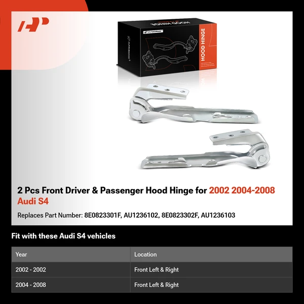 2 Pcs Front Driver & Passenger Hood Hinge for 2002 2004-2008 Audi S4