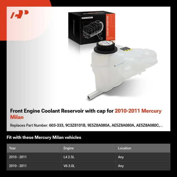 Front Engine Coolant Reservoir with cap for 2010-2011 Mercury Milan