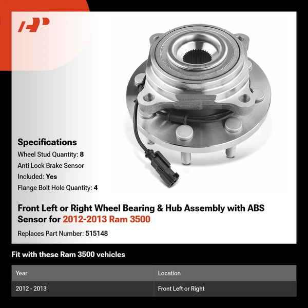 Front Left or Right Wheel Bearing & Hub Assembly with ABS Sensor for 2012-2013 Ram 3500