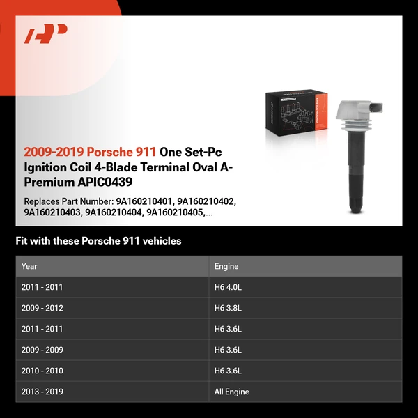 2009-2019 Porsche 911 One Set-Pc Ignition Coil 4-Blade Terminal Oval A-Premium APIC0439