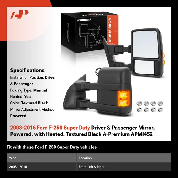 2008-2016 Ford F-250 Super Duty Driver & Passenger Mirror, Powered, with Heated, Textured Black A-Premium APMI452