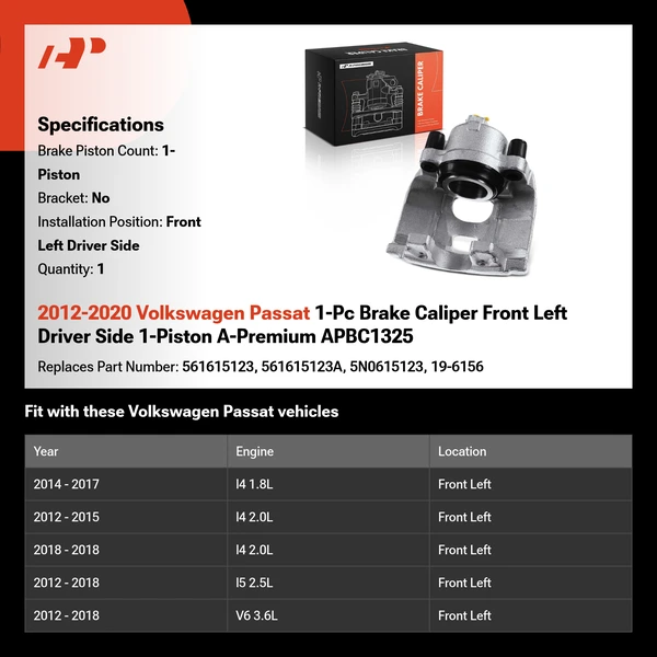 2012-2020 Volkswagen Passat 1-Pc Brake Caliper Front Left Driver Side 1-Piston A-Premium APBC1325