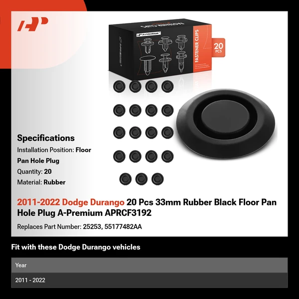 2011-2022 Dodge Durango 20 Pcs 33mm Rubber Black Floor Pan Hole Plug A-Premium APRCF3192