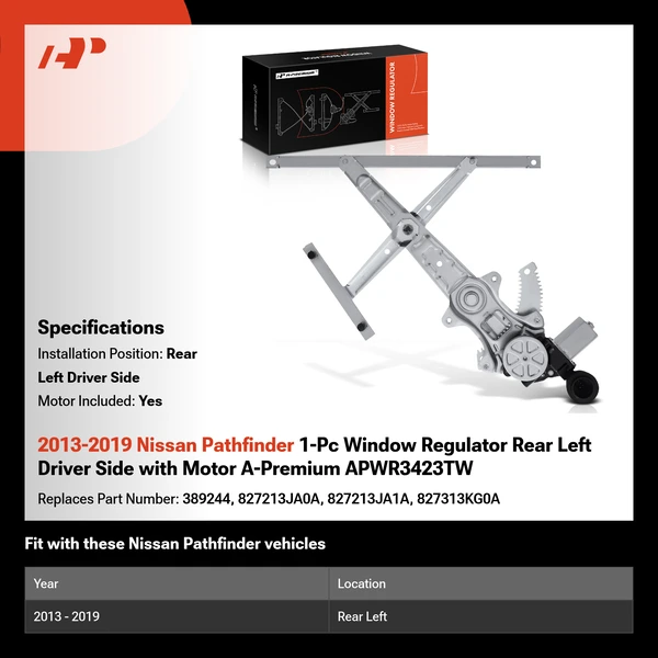 2013-2019 Nissan Pathfinder 1-Pc Window Regulator Rear Left Driver Side with Motor A-Premium APWR3423TW