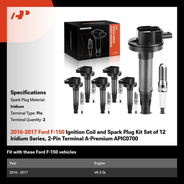 2016-2017 Ford F-150 Ignition Coil and Spark Plug Kit Set of 12 Iridium Series, 2-Pin Terminal A-Premium APIC0700