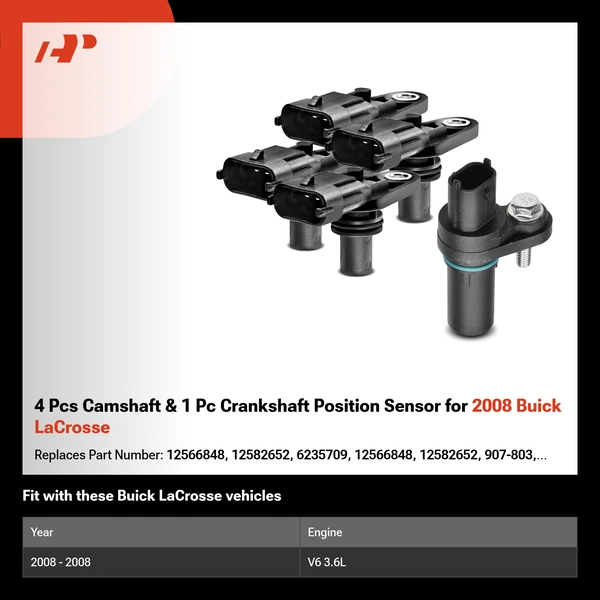 4 Pcs Camshaft & 1 Pc Crankshaft Position Sensor for 2008 Buick LaCrosse
