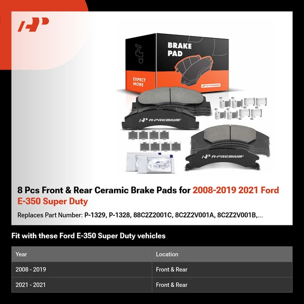 8 Pcs Front & Rear Ceramic Brake Pads for 2008-2019 2021 Ford E-350 Super Duty