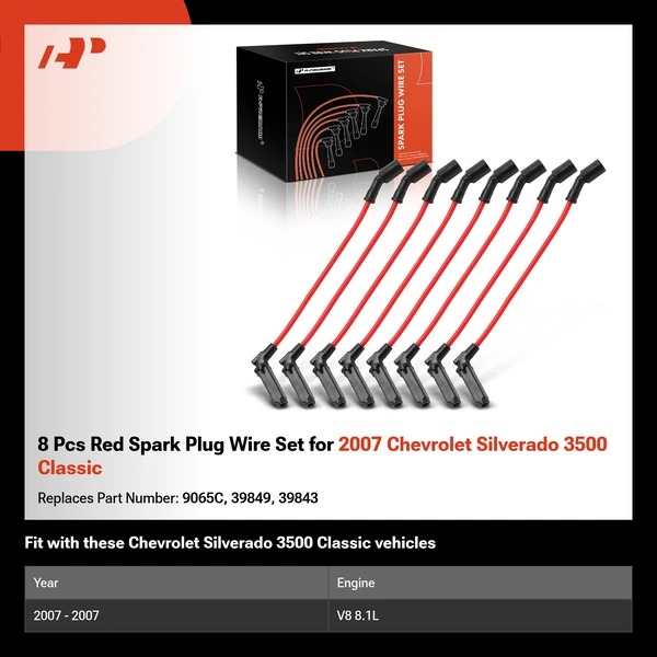 8 Pcs Red Spark Plug Wire Set for 2007 Chevrolet Silverado 3500 Classic