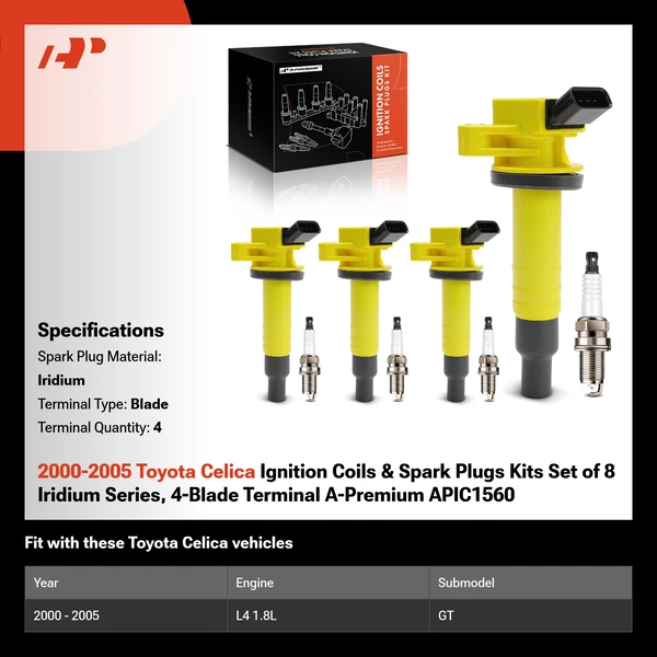 2000-2005 Toyota Celica Ignition Coils & Spark Plugs Kits Set of 8 Iridium Series, 4-Blade Terminal A-Premium APIC1560