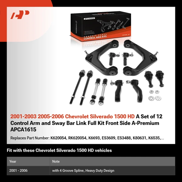 2001-2003 2005-2006 Chevrolet Silverado 1500 HD A Set of 12 Control Arm and Sway Bar Link Full Kit Front Side A-Premium APCA1615