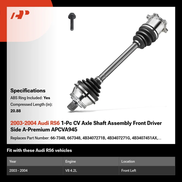 2003-2004 Audi RS6 1-Pc CV Axle Shaft Assembly Front Driver Side A-Premium APCVA945