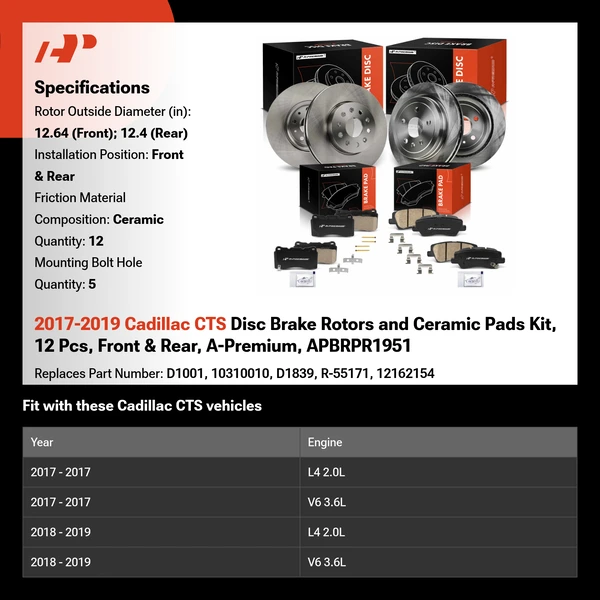 2017-2019 Cadillac CTS Disc Brake Rotors and Ceramic Pads Kit, 12 Pcs, Front & Rear, A-Premium, APBRPR1951