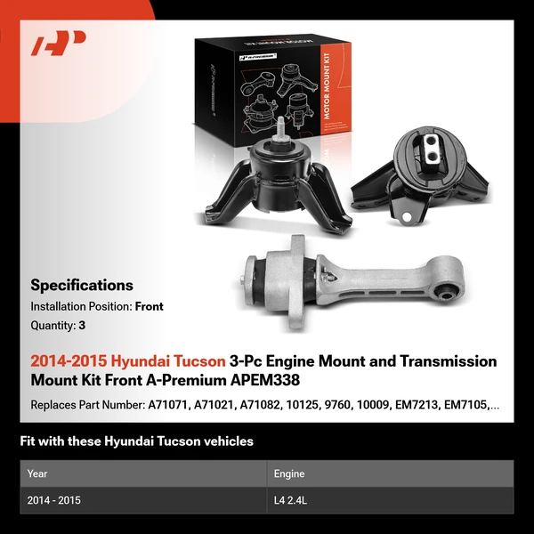 2014-2015 Hyundai Tucson 3-Pc Engine Mount and Transmission Mount Kit Front A-Premium APEM338