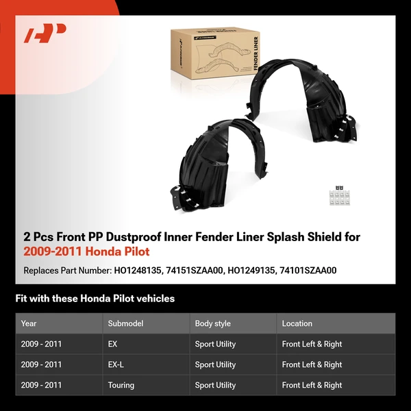 2 Pcs Front PP Dustproof Inner Fender Liner Splash Shield for 2009-2011 Honda Pilot