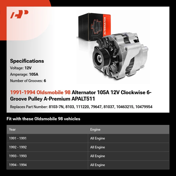 1991-1994 Oldsmobile 98 Alternator 105A 12V Clockwise 6-Groove Pulley A-Premium APALT511