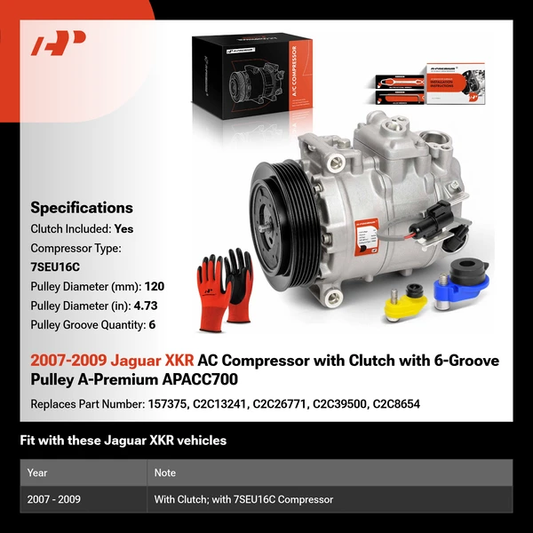 2007-2009 Jaguar XKR AC Compressor with Clutch with 6-Groove Pulley A-Premium APACC700
