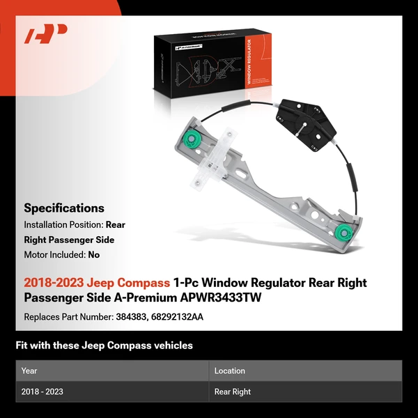 2018-2023 Jeep Compass 1-Pc Window Regulator Rear Right Passenger Side A-Premium APWR3433TW
