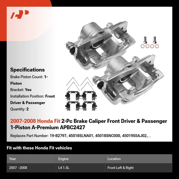 2007-2008 Honda Fit 2-Pc Brake Caliper Front Driver & Passenger 1-Piston A-Premium APBC2427