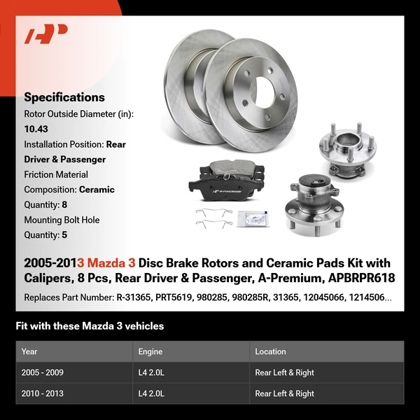 2005-2013 Mazda 3 Disc Brake Rotors and Ceramic Pads Kit with Calipers, 8 Pcs, Rear Driver & Passenger, A-Premium, APBRPR618