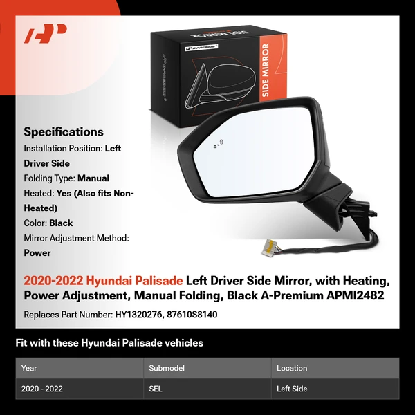 2020-2022 Hyundai Palisade Left Driver Side Mirror, with Heating, Power Adjustment, Manual Folding, Black A-Premium APMI2482