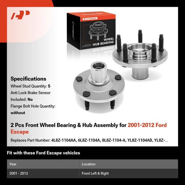 2 Pcs Front Wheel Bearing & Hub Assembly for 2001-2012 Ford Escape