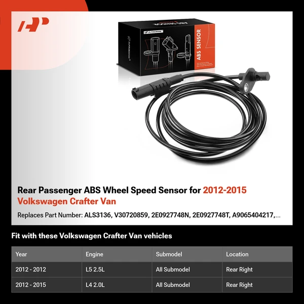 Rear Passenger ABS Wheel Speed Sensor for 2012-2015 Volkswagen Crafter Van