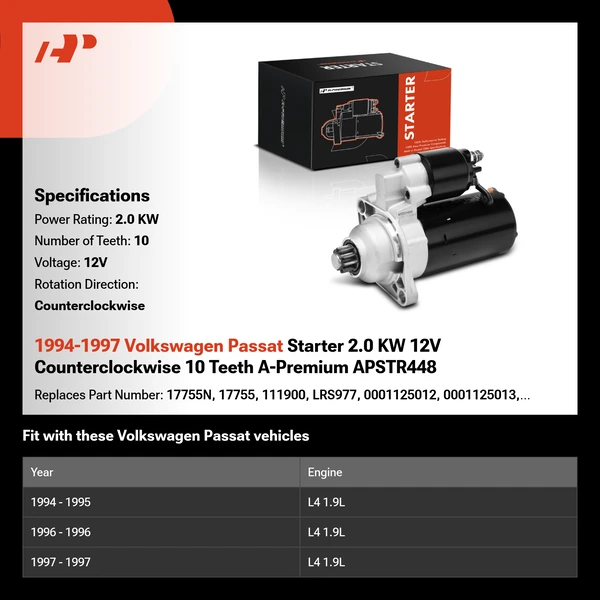 1994-1997 Volkswagen Passat Starter 2.0 KW 12V Counterclockwise 10 Teeth A-Premium APSTR448