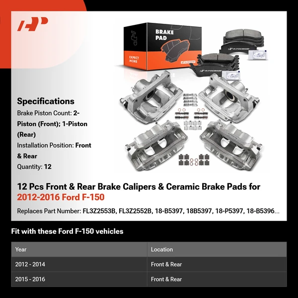 12 Pcs Front & Rear Brake Calipers & Ceramic Brake Pads for 2012-2016 Ford F-150