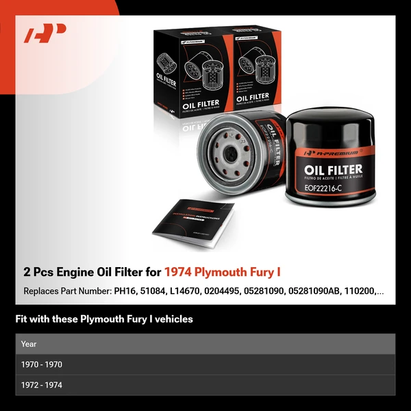 2 Pcs Engine Oil Filter for 1974 Plymouth Fury I