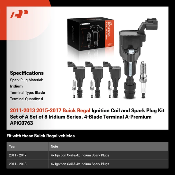 2011-2013 2015-2017 Buick Regal Ignition Coil and Spark Plug Kit Set of A Set of 8 Iridium Series, 4-Blade Terminal A-Premium APIC0763