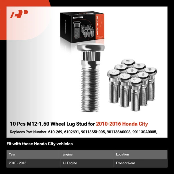 10 Pcs M12-1.50 Wheel Lug Stud for 2010-2016 Honda City