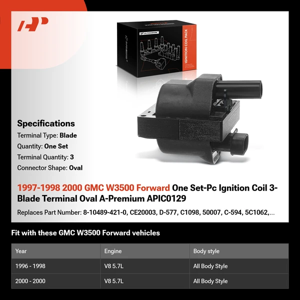 1997-1998 2000 GMC W3500 Forward One Set-Pc Ignition Coil 3-Blade Terminal Oval A-Premium APIC0129