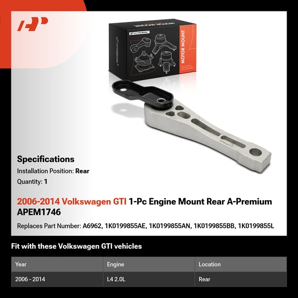 2006-2014 Volkswagen GTI 1-Pc Engine Mount Rear A-Premium APEM1746