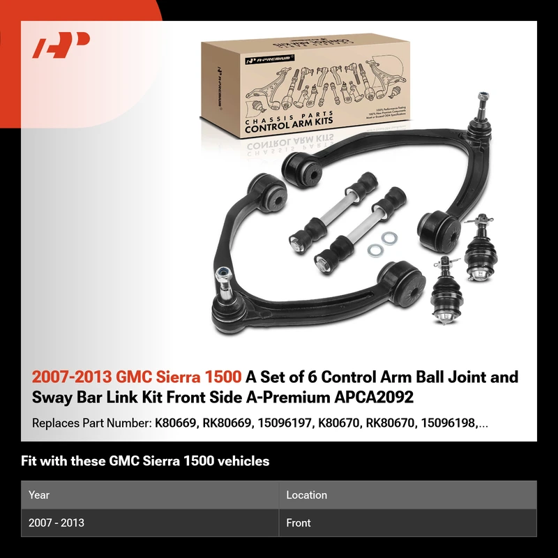 2007-2013 GMC Sierra 1500 A Set of 6 Control Arm Ball Joint and Sway Bar Link Kit Front Side A-Premium APCA2092