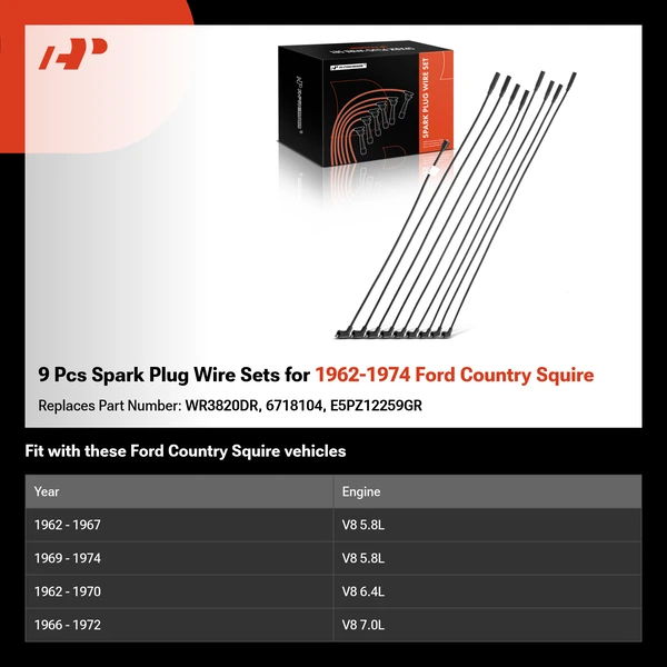 9 Pcs Spark Plug Wire Sets for 1962-1974 Ford Country Squire