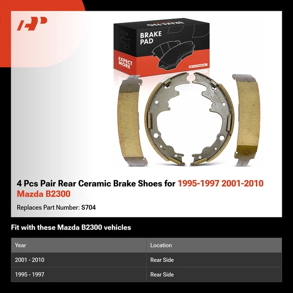 4 Pcs Pair Rear Ceramic Brake Shoes for 1995-1997 2001-2010 Mazda B2300