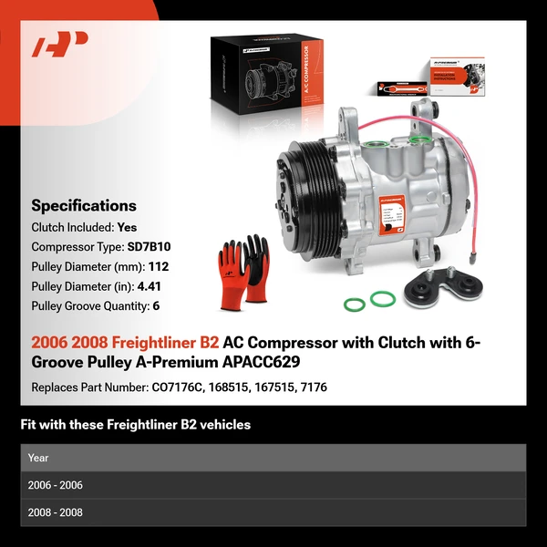 2006 2008 Freightliner B2 AC Compressor with Clutch with 6-Groove Pulley A-Premium APACC629