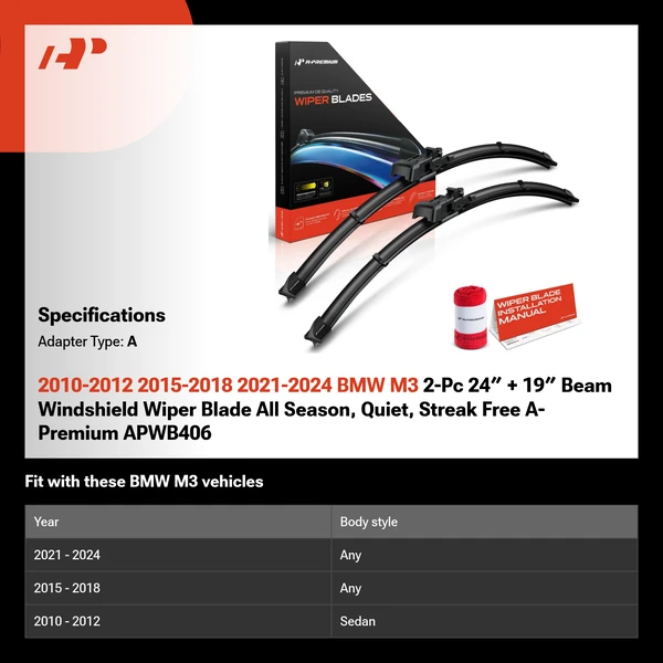2010-2012 2015-2018 2021-2024 BMW M3 2-Pc 24″ + 19″ Beam Windshield Wiper Blade All Season, Quiet, Streak Free A-Premium APWB406