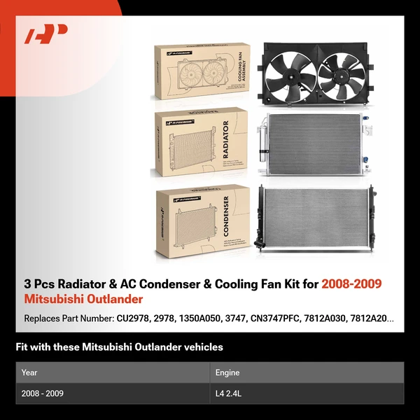 3 Pcs Radiator & AC Condenser & Cooling Fan Kit for 2008-2009 Mitsubishi Outlander