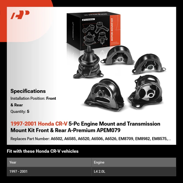 1997-2001 Honda CR-V 5-Pc Engine Mount and Transmission Mount Kit Front & Rear A-Premium APEM079