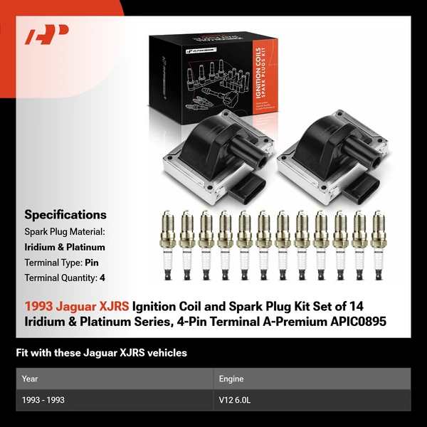 1993 Jaguar XJRS Ignition Coil and Spark Plug Kit Set of 14 Iridium & Platinum Series, 4-Pin Terminal A-Premium APIC0895