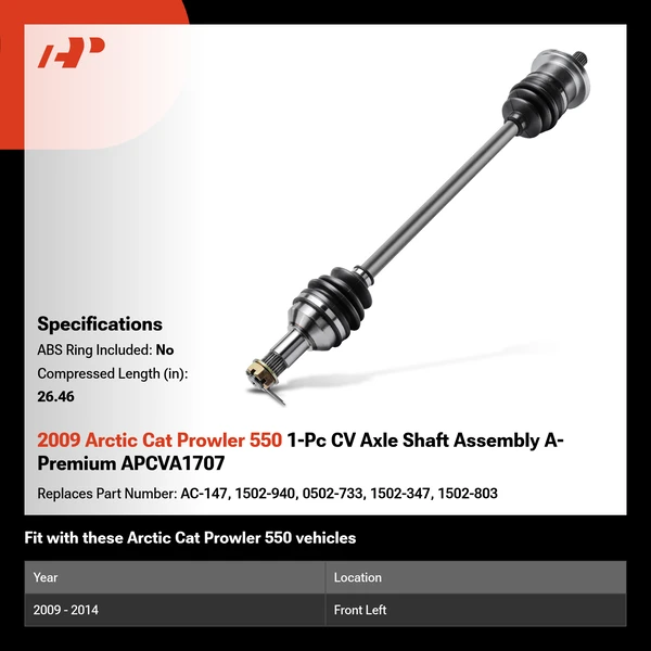 2009 Arctic Cat Prowler 550 1-Pc CV Axle Shaft Assembly A-Premium APCVA1707